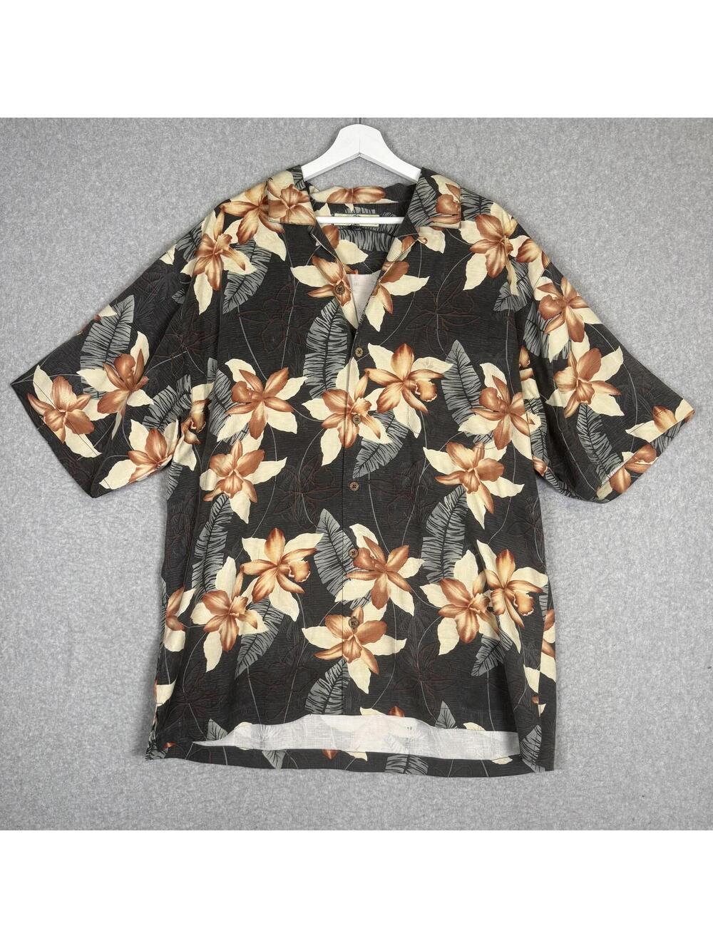 Tommy Bahama Men's Size Large Black Floral Camp 100% Silk Button Down Shirt